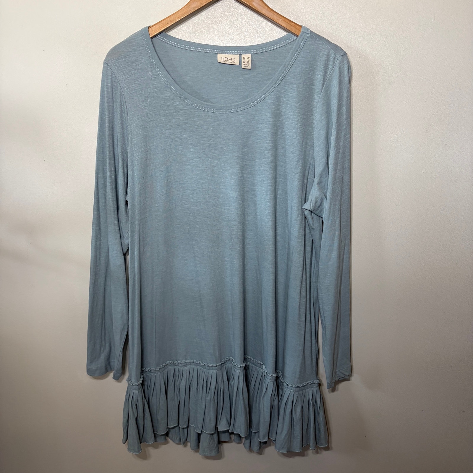 Logo Lori Goldstein Tunic Blue Cotton Knit Ruffled Peplum Hem Comfy Spring 1x